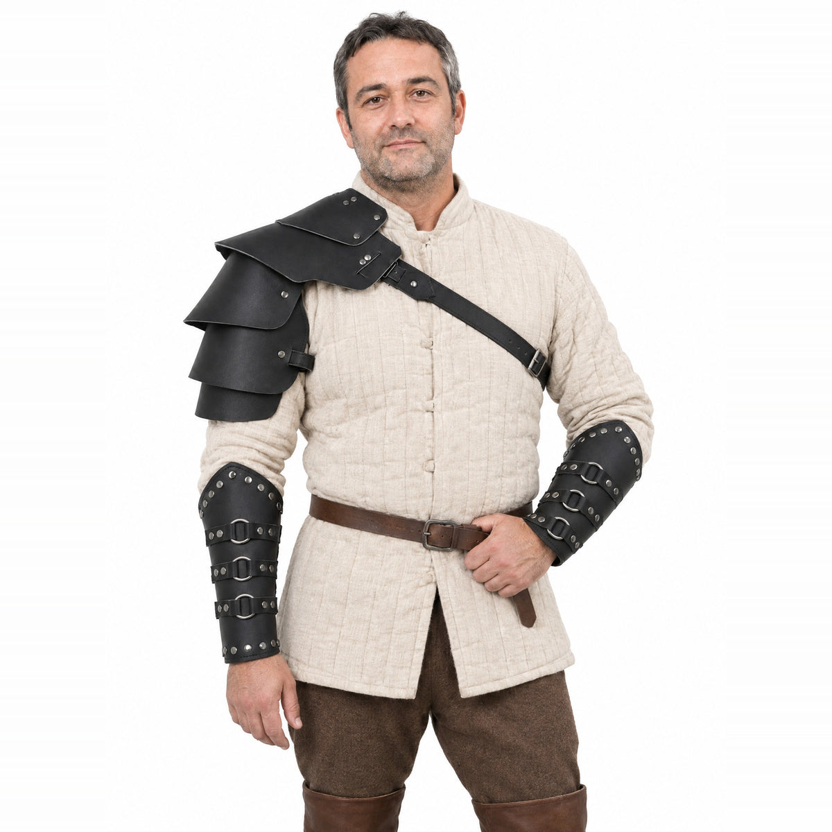 Black pauldron and bracers set worn by a model on a white background