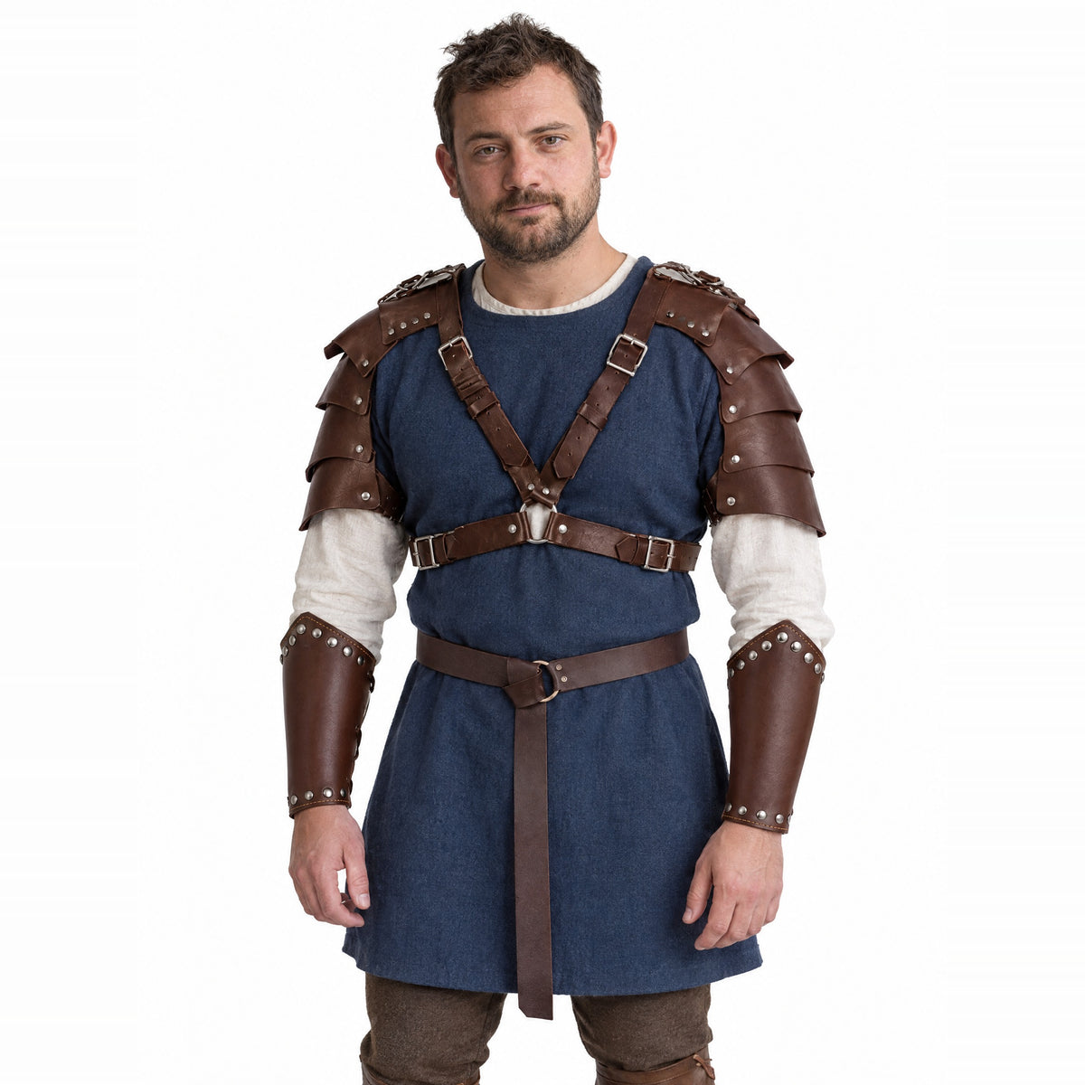 Brown pauldron armour set with belt and bracers worn by a model on a white background