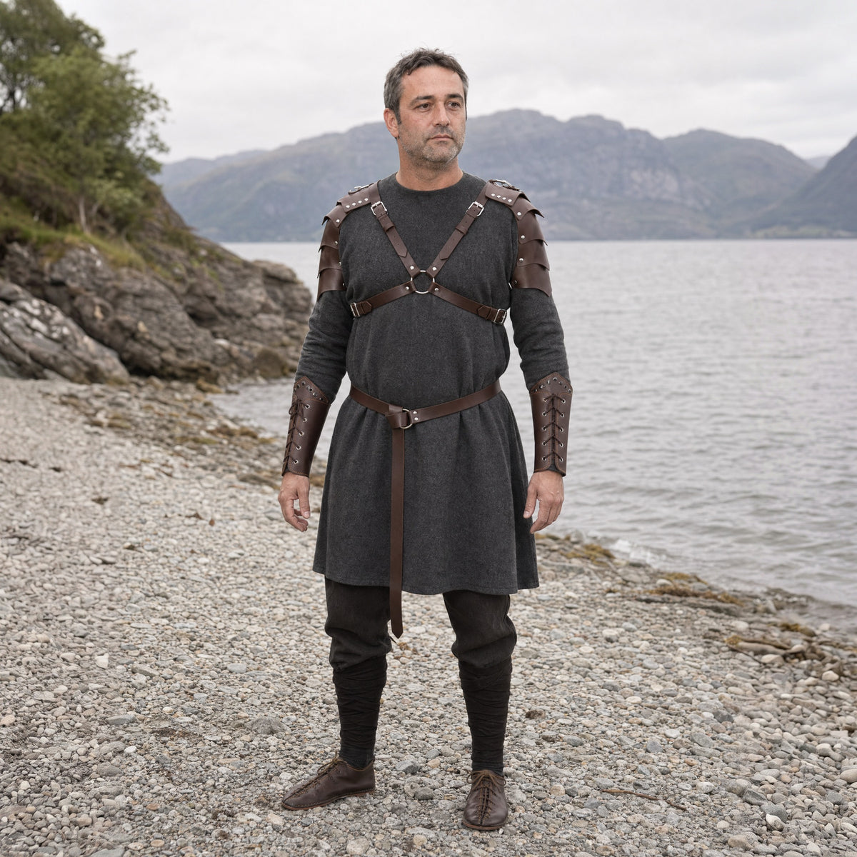 Brown pauldron armour set with belt and bracers worn outdoors, full-length front view