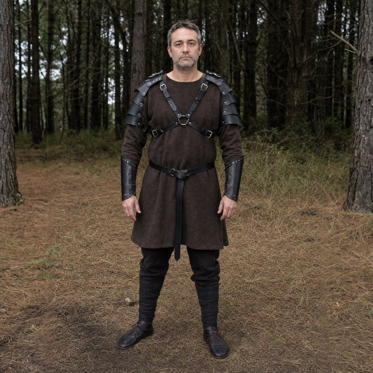 Black pauldron armour set with belt and bracers worn outdoors, full-length front view