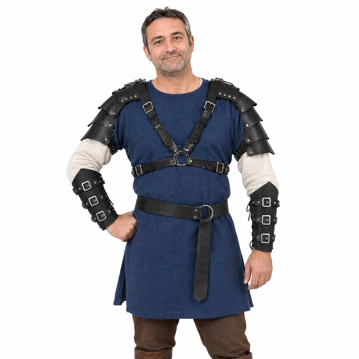Black pauldron armour set with buckled bracers worn by a model on a white background