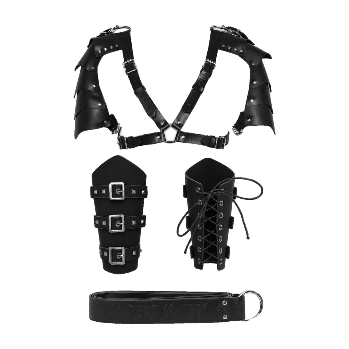 Black pauldron armour set with buckled bracers