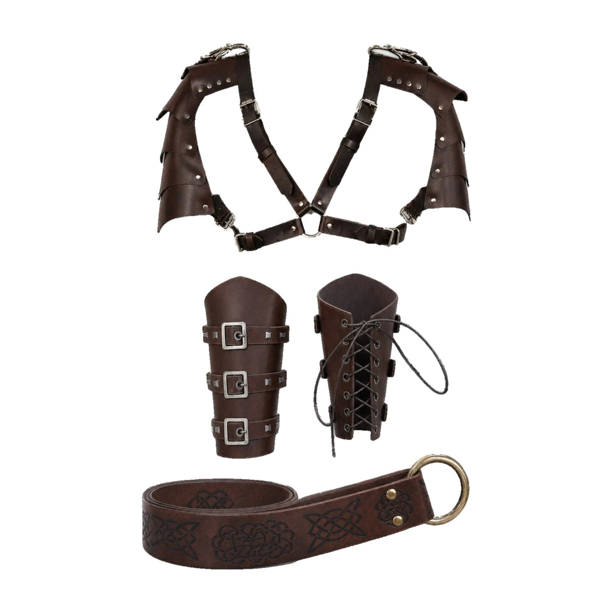 Brown pauldron armour set with buckled bracers