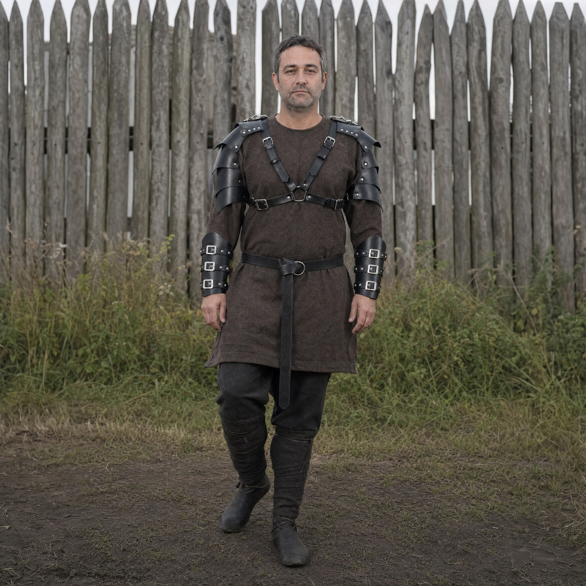 Black pauldron armour set with buckled bracers worn outdoors, full-length front view