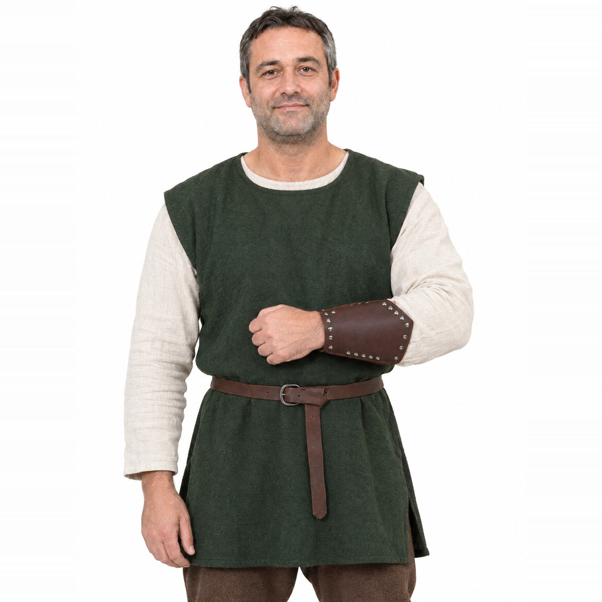 Brown plain studded bracer worn by a model on a white background