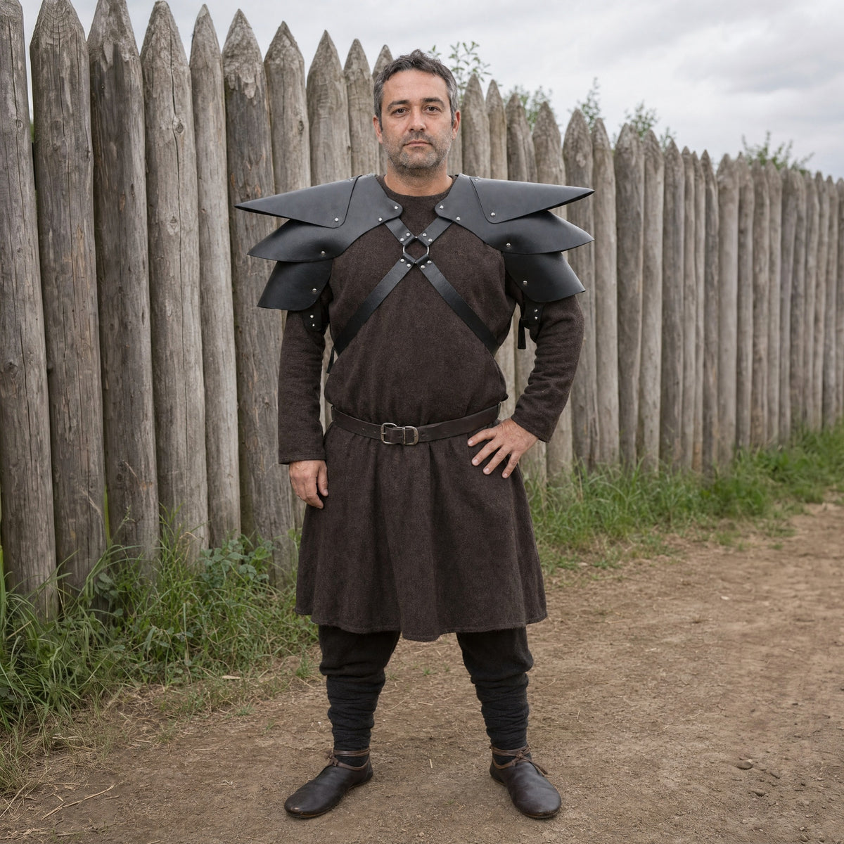 Black pointed double shoulder armour worn outdoors, full-length front view
