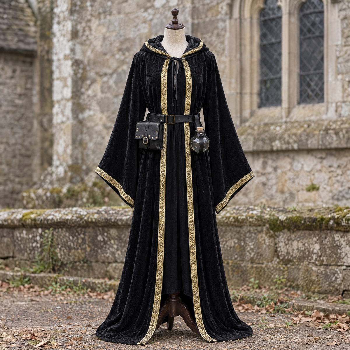 Round potion bottle with belt holder in a complete gothic outfit, on a dress form
