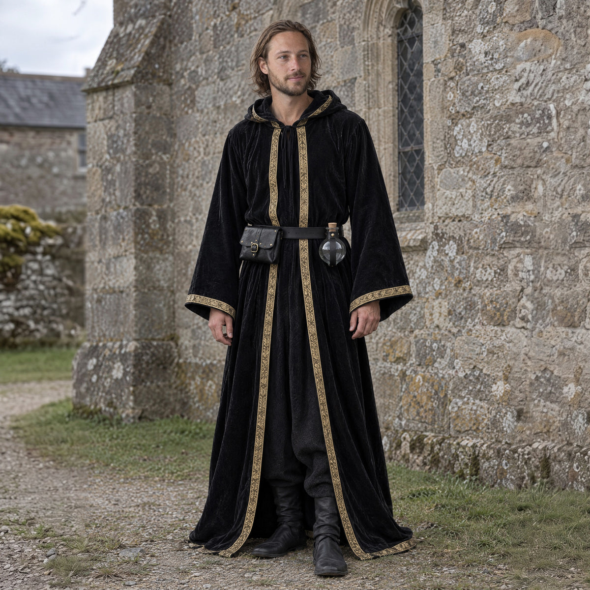 Round potion bottle with belt holder in a complete gothic outfit, worn by a man outdoors