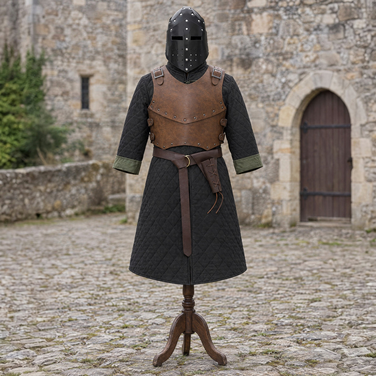 Quilted Padded Coat in a complete knight outfit, on a dress form