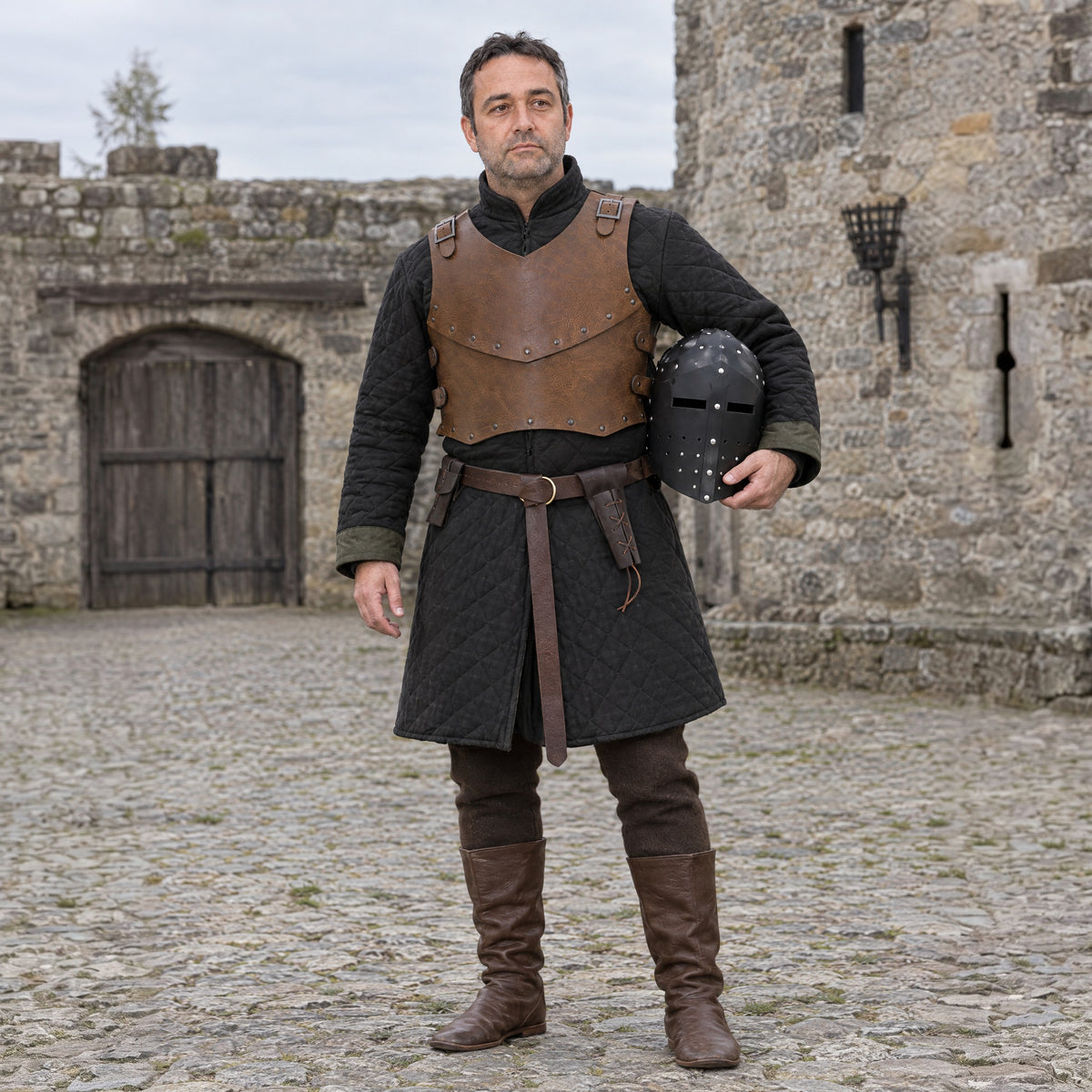 Quilted Padded Coat in a complete knight outfit, worn by a man outdoors