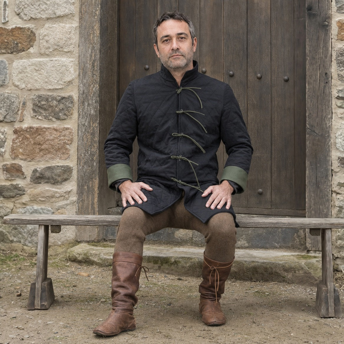 Quilted padded coat styled with trousers and tall boots
