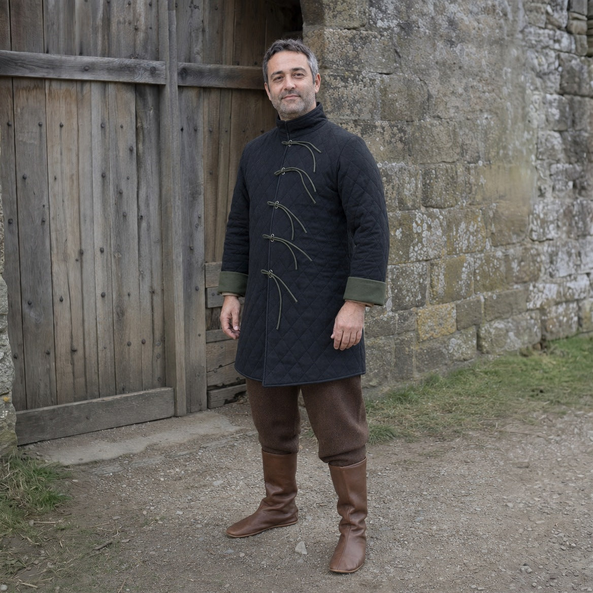 Black quilted padded coat, three-quarter view of the stand collar and quilting