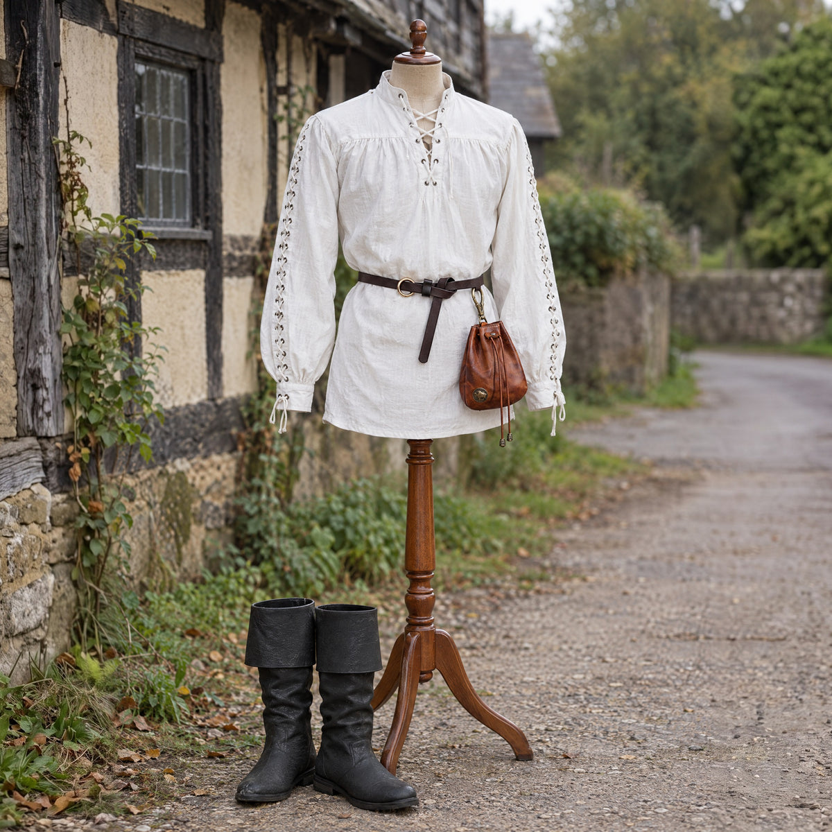 Renaissance Shirt with Laced Sleeves in a complete renaissance outfit, on a dress form