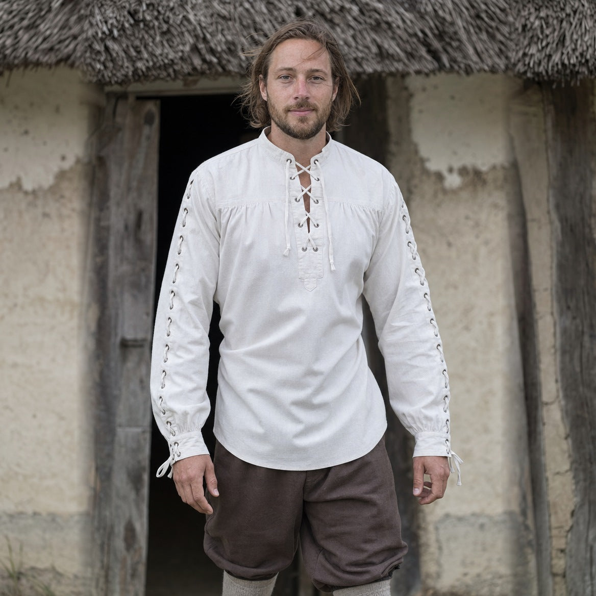 Renaissance shirt on a wearer, showing the sleeve length and drawstring cuffs