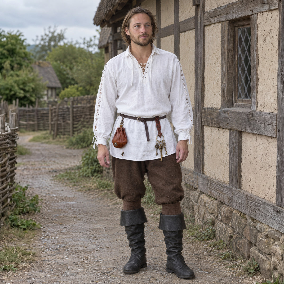 Renaissance Shirt with Laced Sleeves in a complete renaissance outfit, worn by a man outdoors