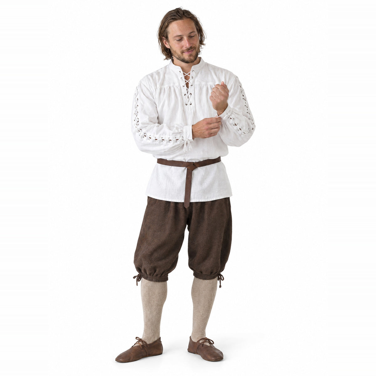 White renaissance shirt with laced sleeves worn by a model on a white background