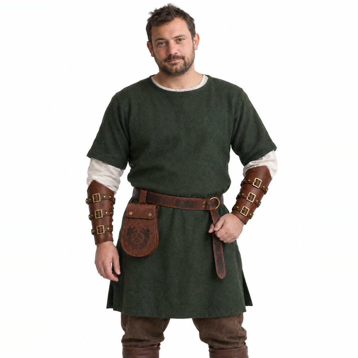 Brown ring belt, pouch and buckled bracers set worn by a model on a white background