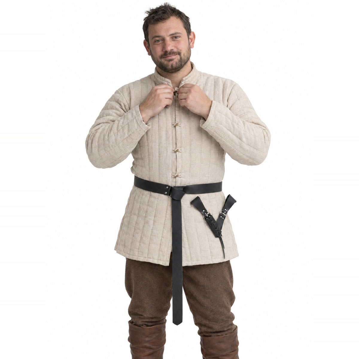 Black ring belt with V-shaped sword frog worn by a model on a white background