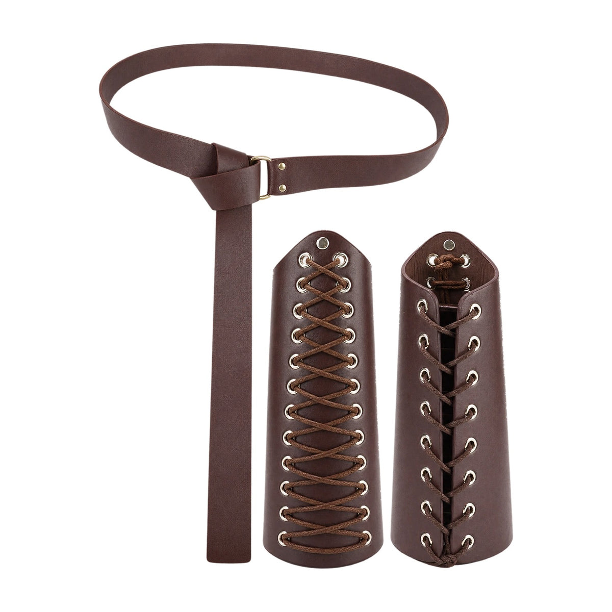 Brown ring belt with laced bracers