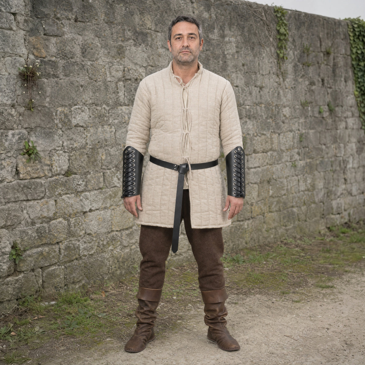 Black ring belt with laced bracers worn outdoors, full-length front view