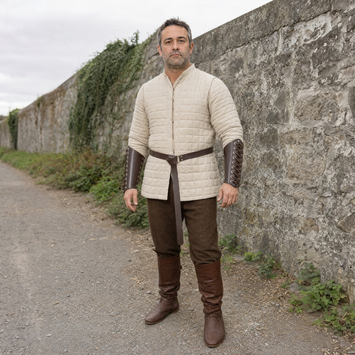 Brown ring belt with laced bracers worn outdoors, full-length front view
