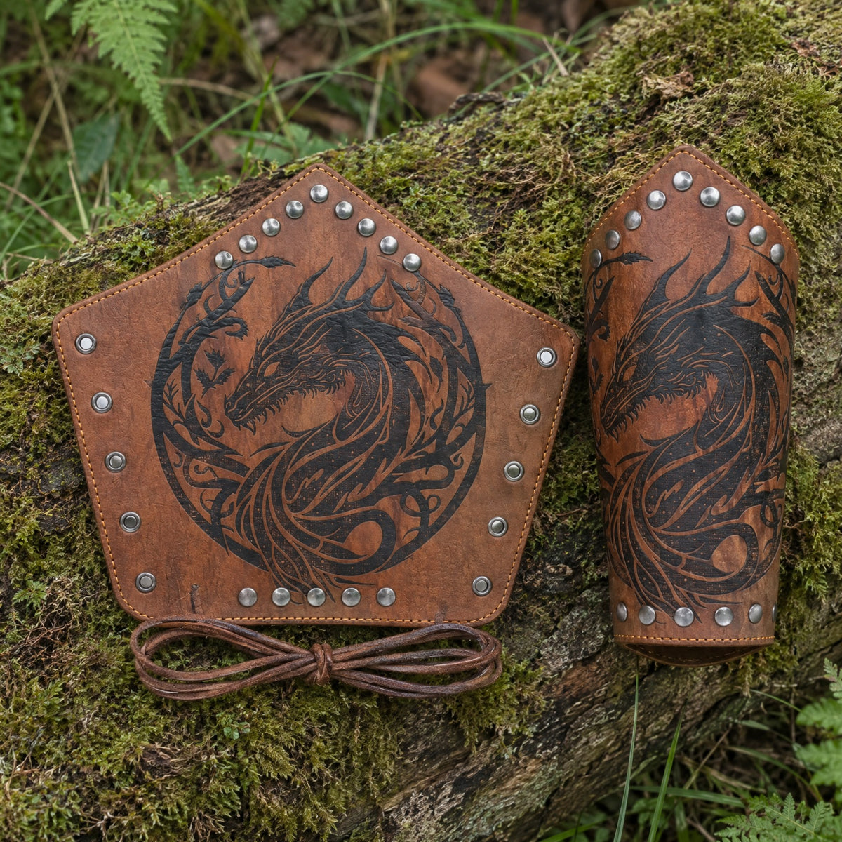 Brown riveted dragon bracers on a rustic surface