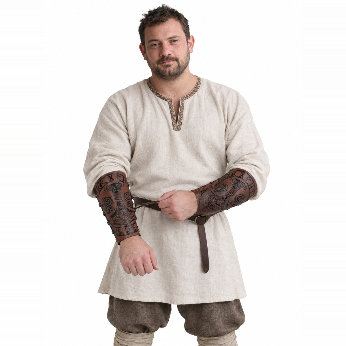 Brown tall Thor's hammer bracers worn by a model on a white background