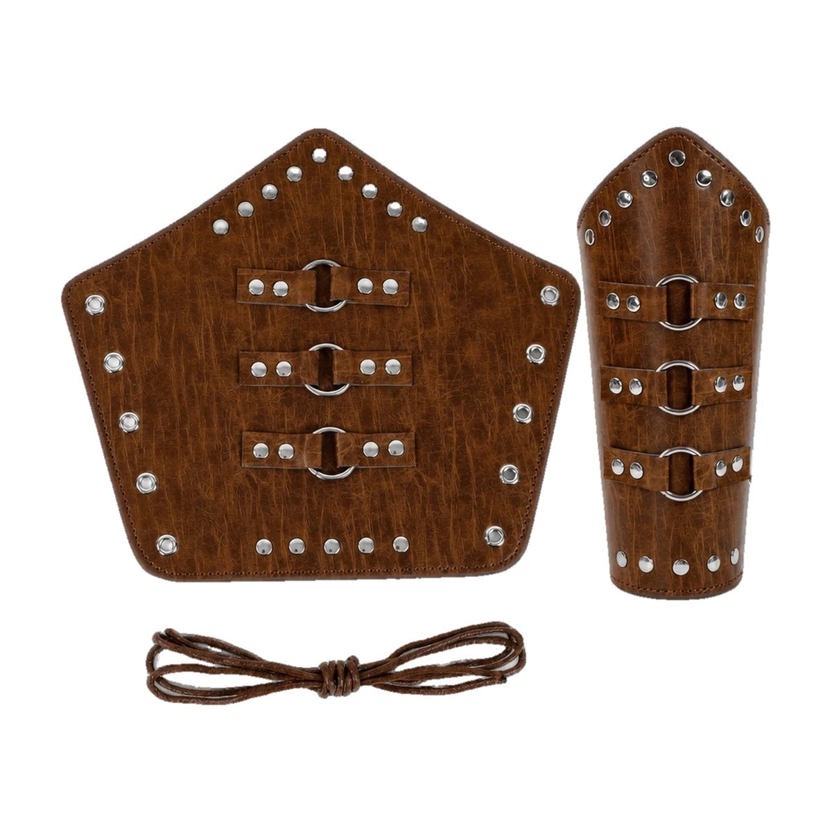 Textured brown riveted three-ring bracers