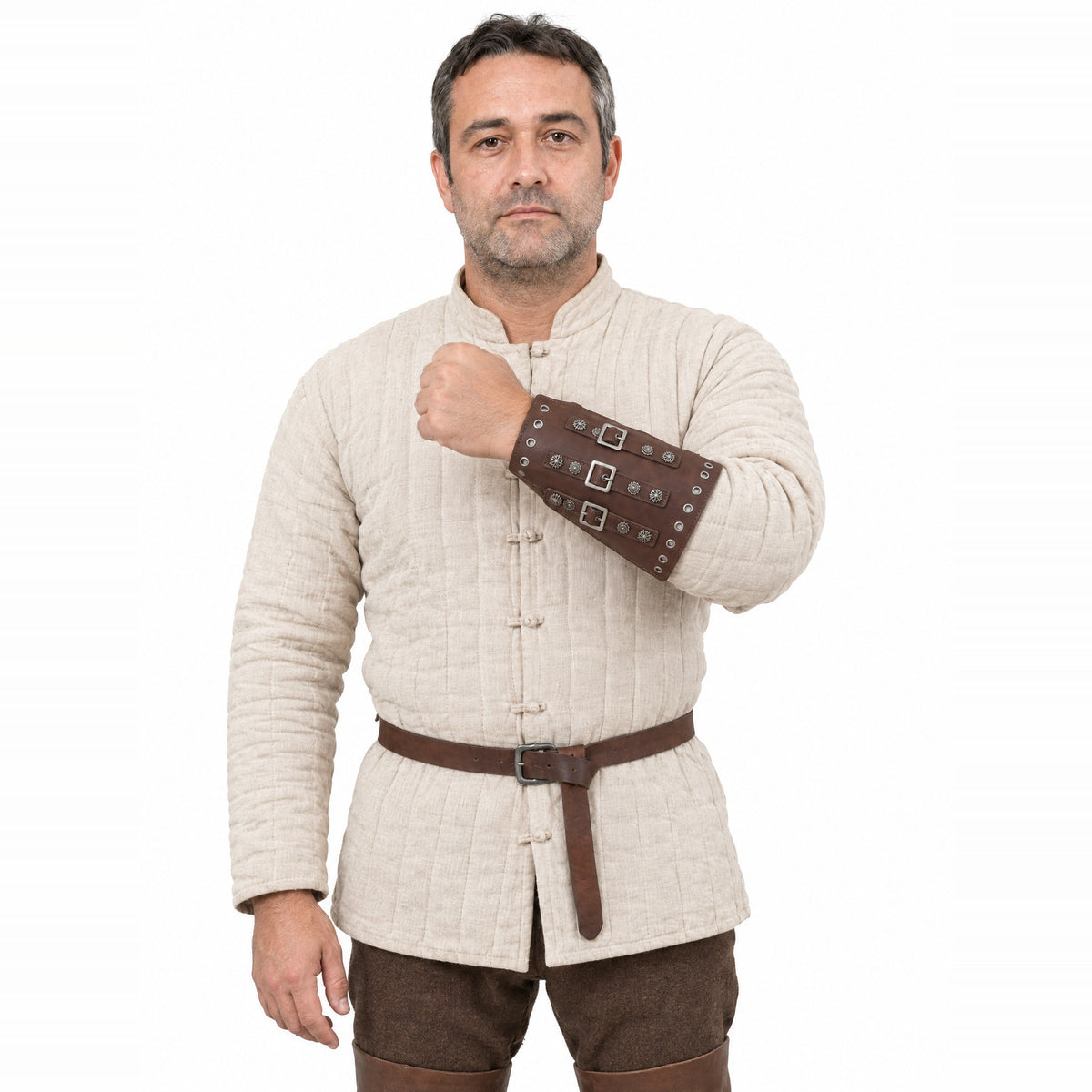 Coffee three-buckle bracer with rose rivets worn by a model on a white background