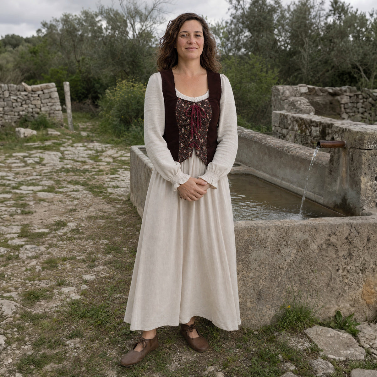 Short laced vest worn outdoors, full-length front view