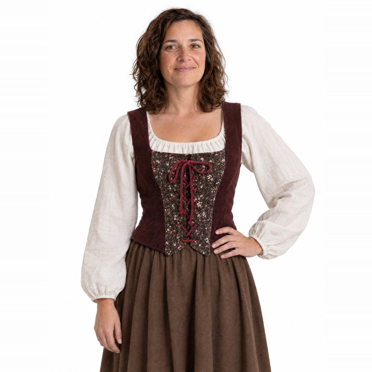 Short laced vest worn by a model on a white background