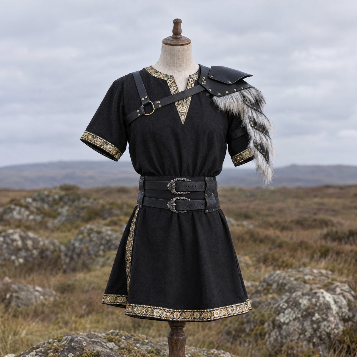 Short-Sleeve V-Neck Tunic in a complete dark warrior outfit, on a dress form
