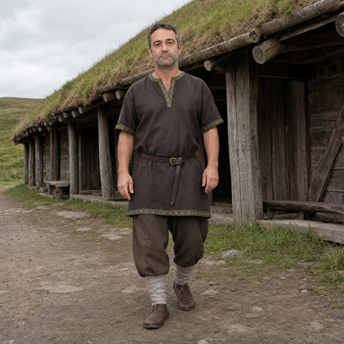 Dark Brown short-sleeve V-neck tunic worn by a man outdoors, full-length front view