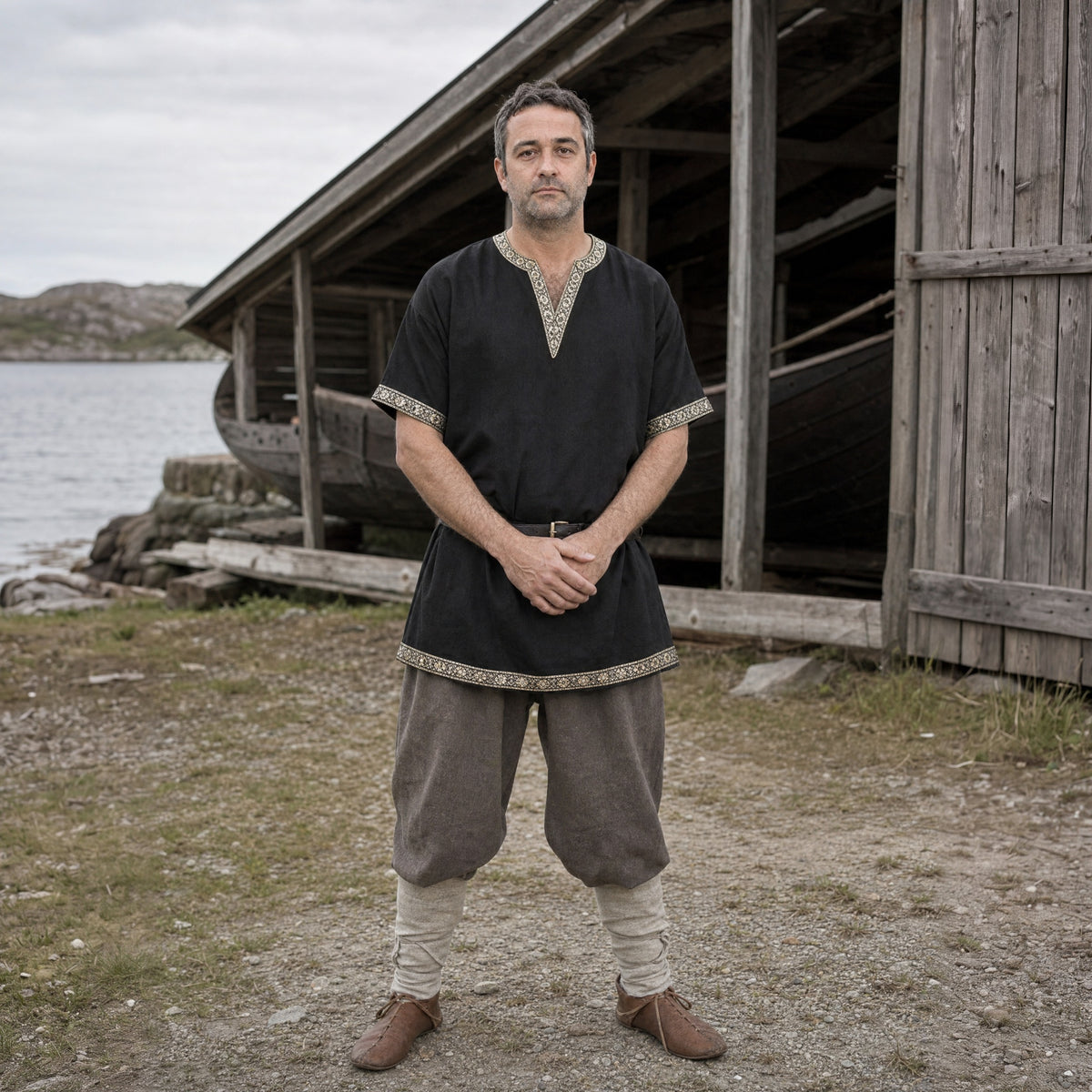 Black short-sleeve V-neck tunic worn by a man outdoors, full-length front view