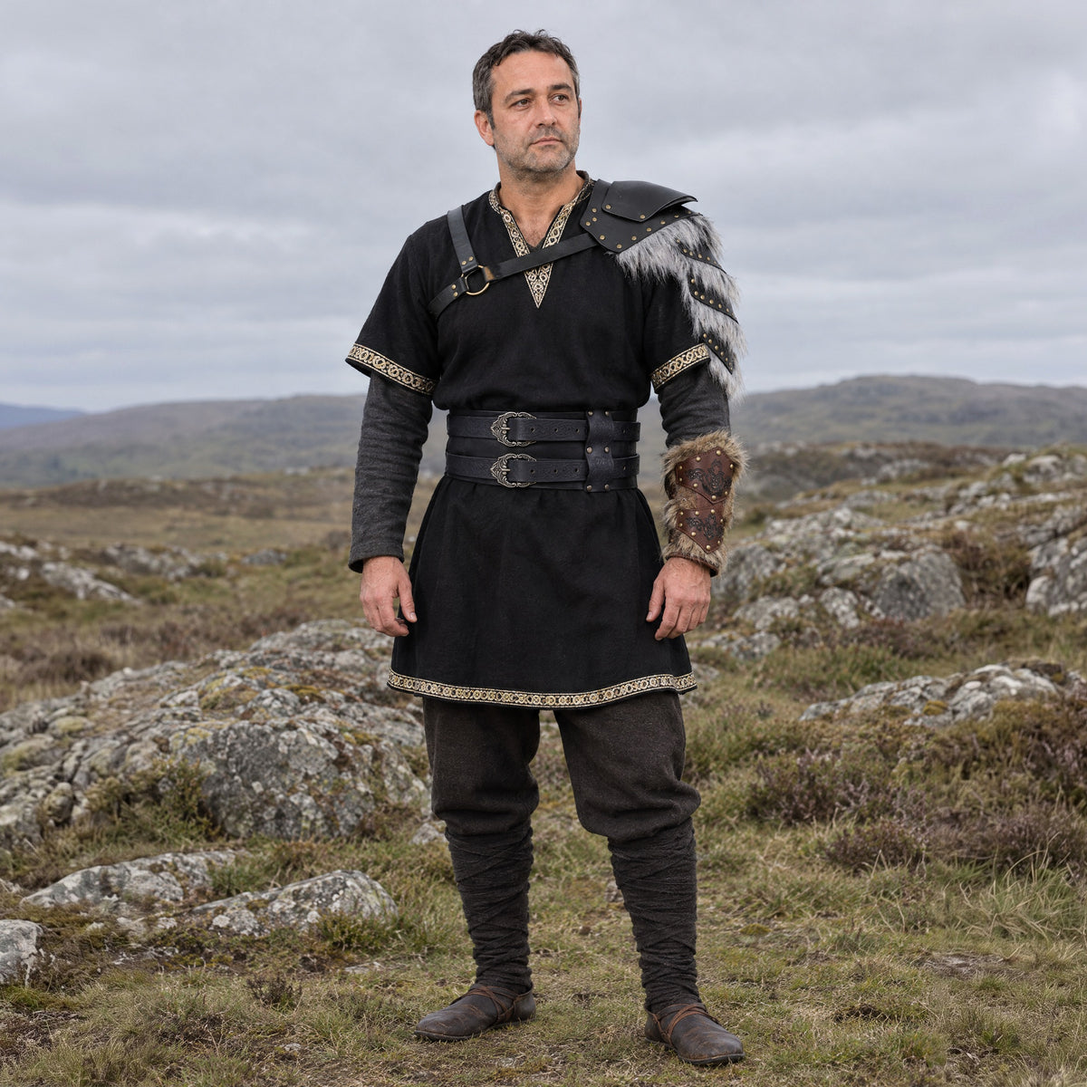 Short-Sleeve V-Neck Tunic in a complete dark warrior outfit, worn by a man outdoors