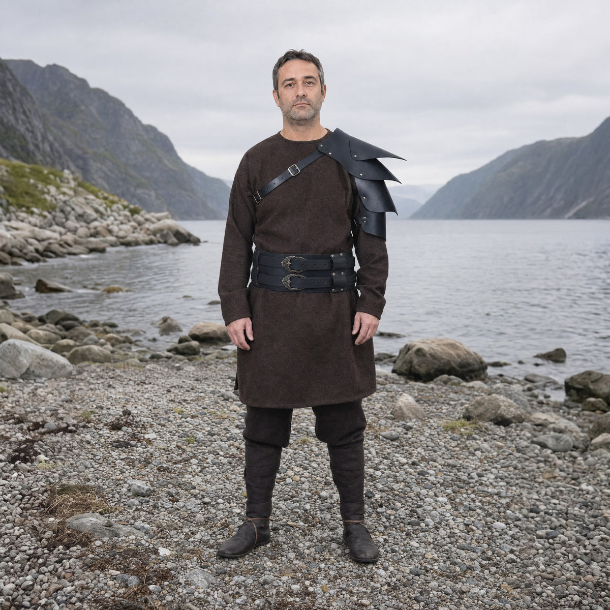 Black shoulder armour and wide belt set worn outdoors, full-length front view