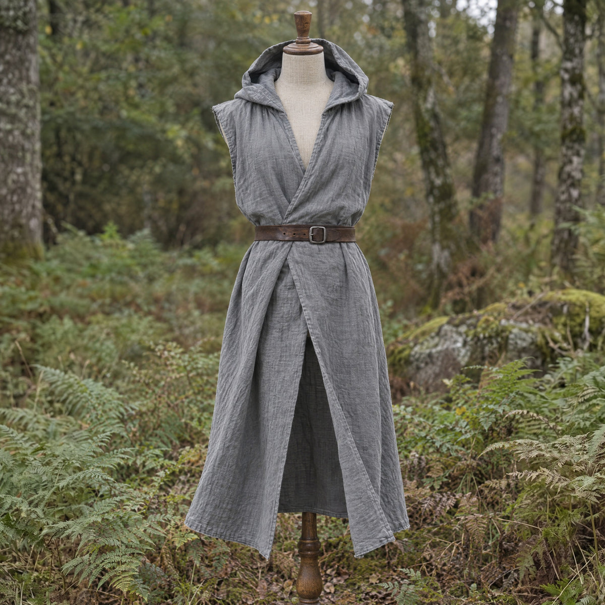 Grey sleeveless cotton tunic on a dress form outdoors