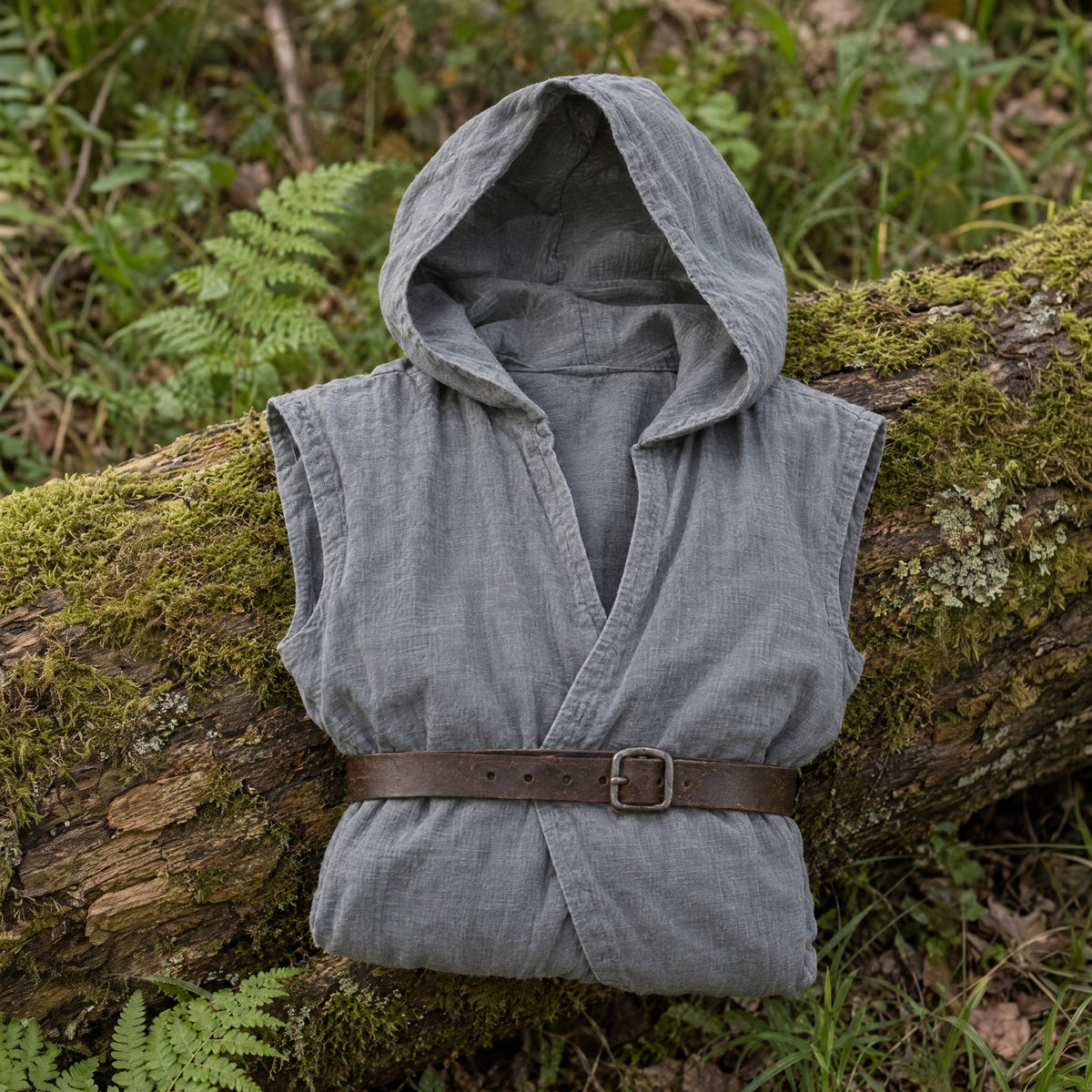 Grey sleeveless cotton tunic on a rustic surface