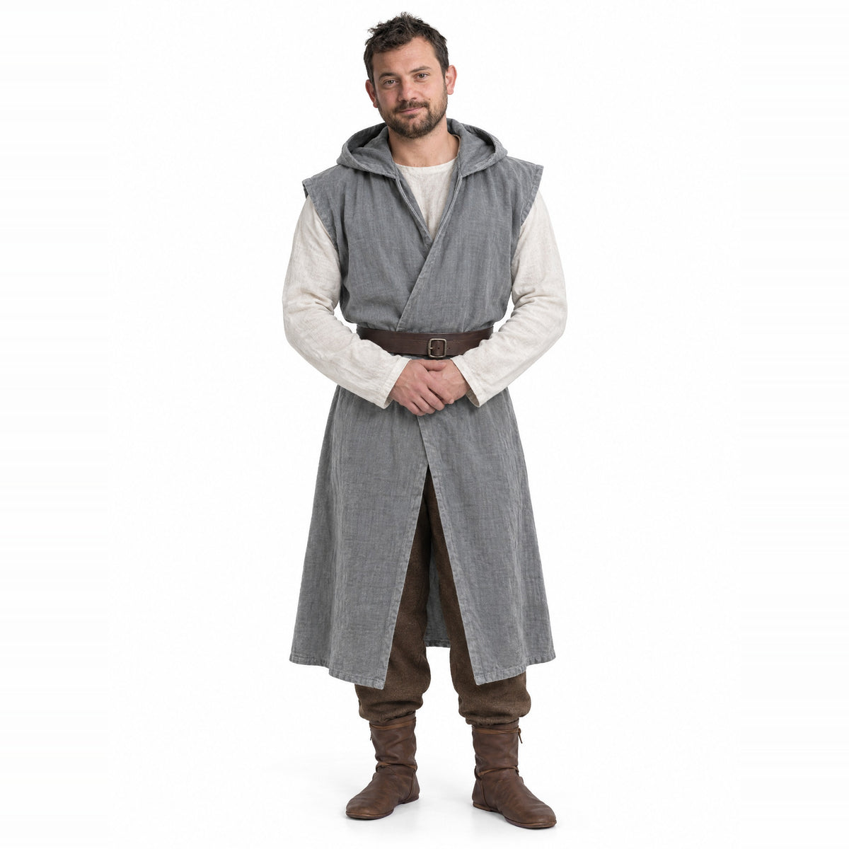 Grey sleeveless cotton tunic worn by a model on a white background