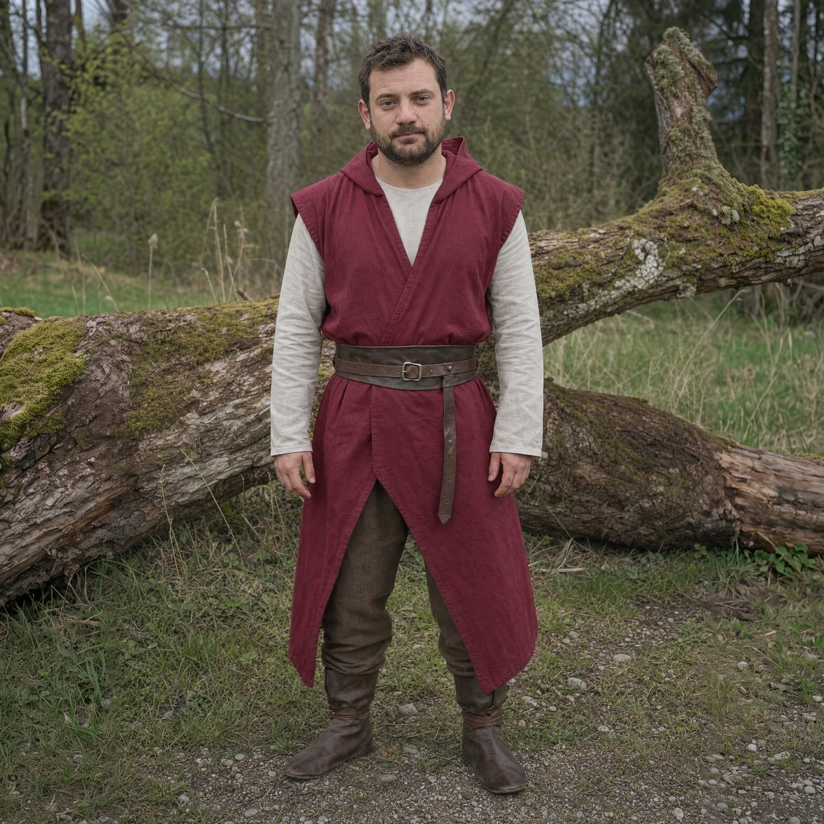 Brick Red sleeveless cotton tunic worn by a man outdoors, full-length front view
