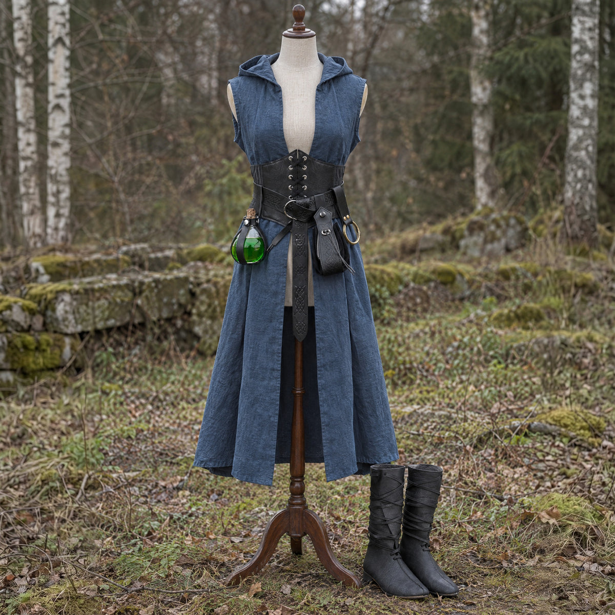 Sleeveless Hooded Overcoat in a complete ranger outfit, on a dress form