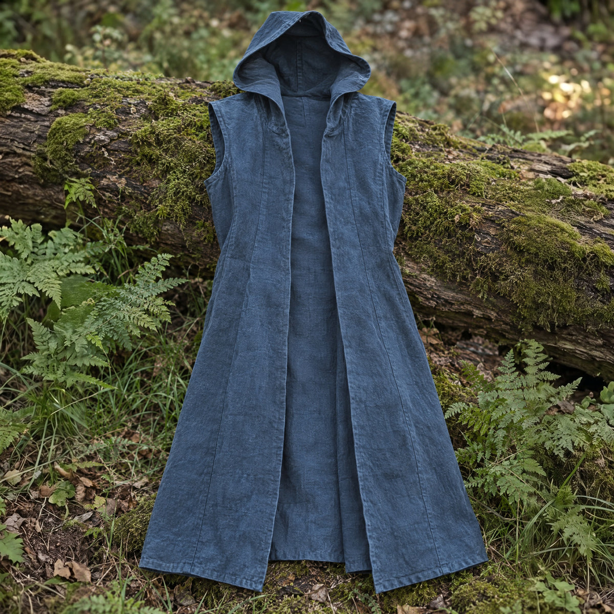 Grey sleeveless hooded overcoat on a rustic surface