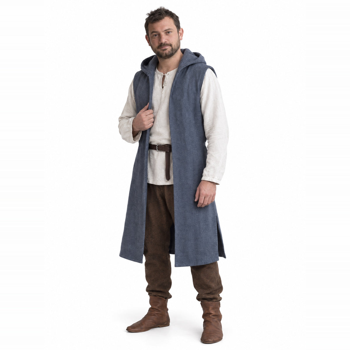 Grey sleeveless hooded overcoat worn by a model on a white background