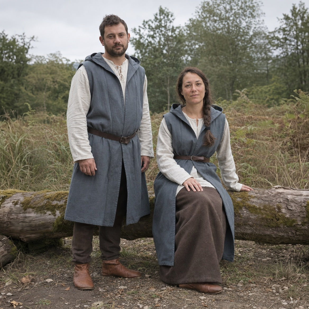 Sleeveless hooded overcoat styled over a long-sleeve tunic with a belt and boots