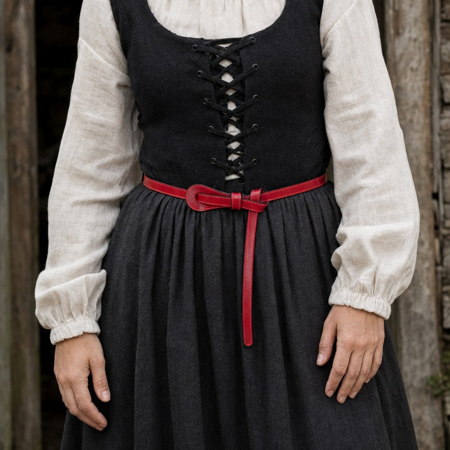 Slim leather tie belt on a wearer, showing the 1.4 cm strap knotted at the waist