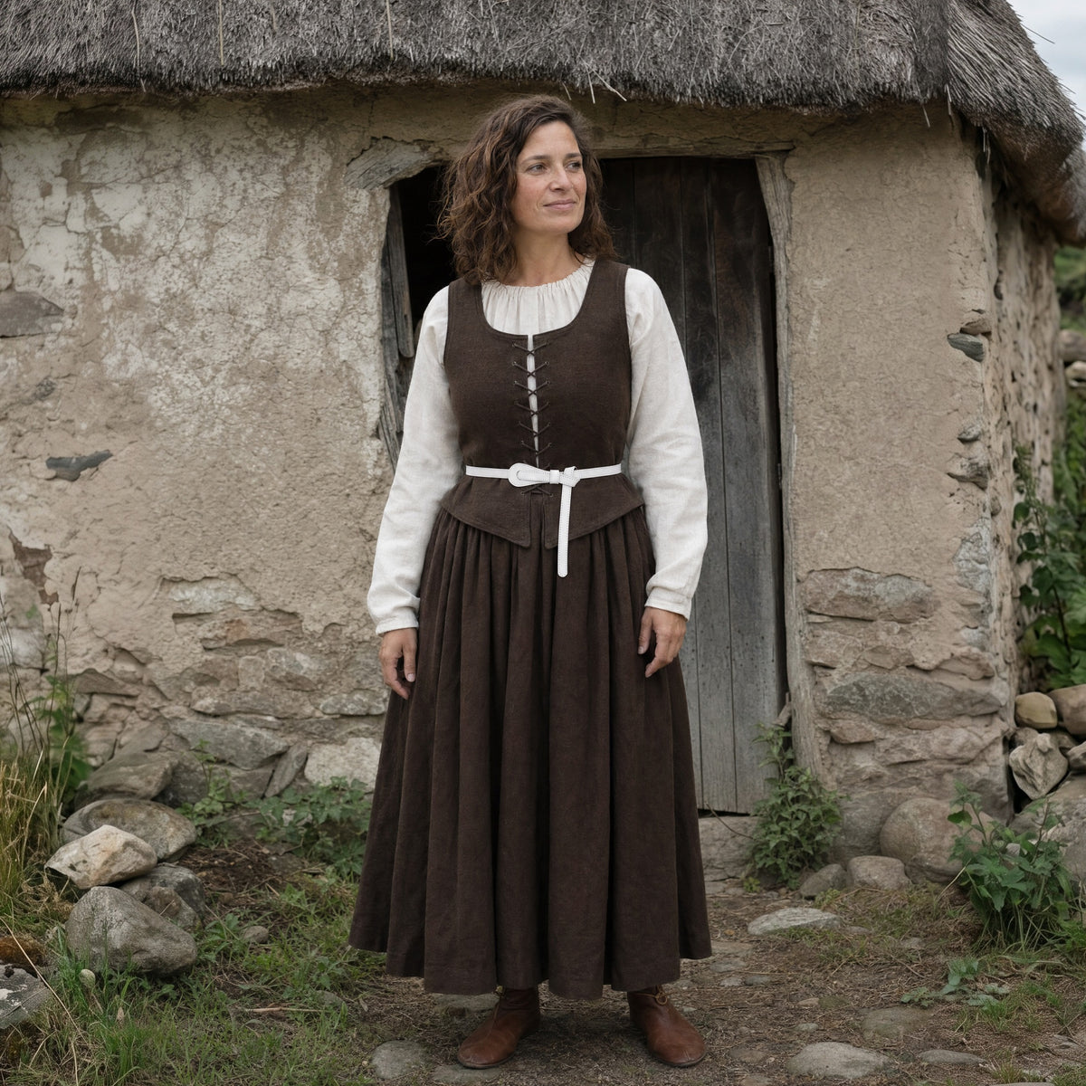 White slim leather tie belt knotted at a woman's waist outdoors, full-length front view