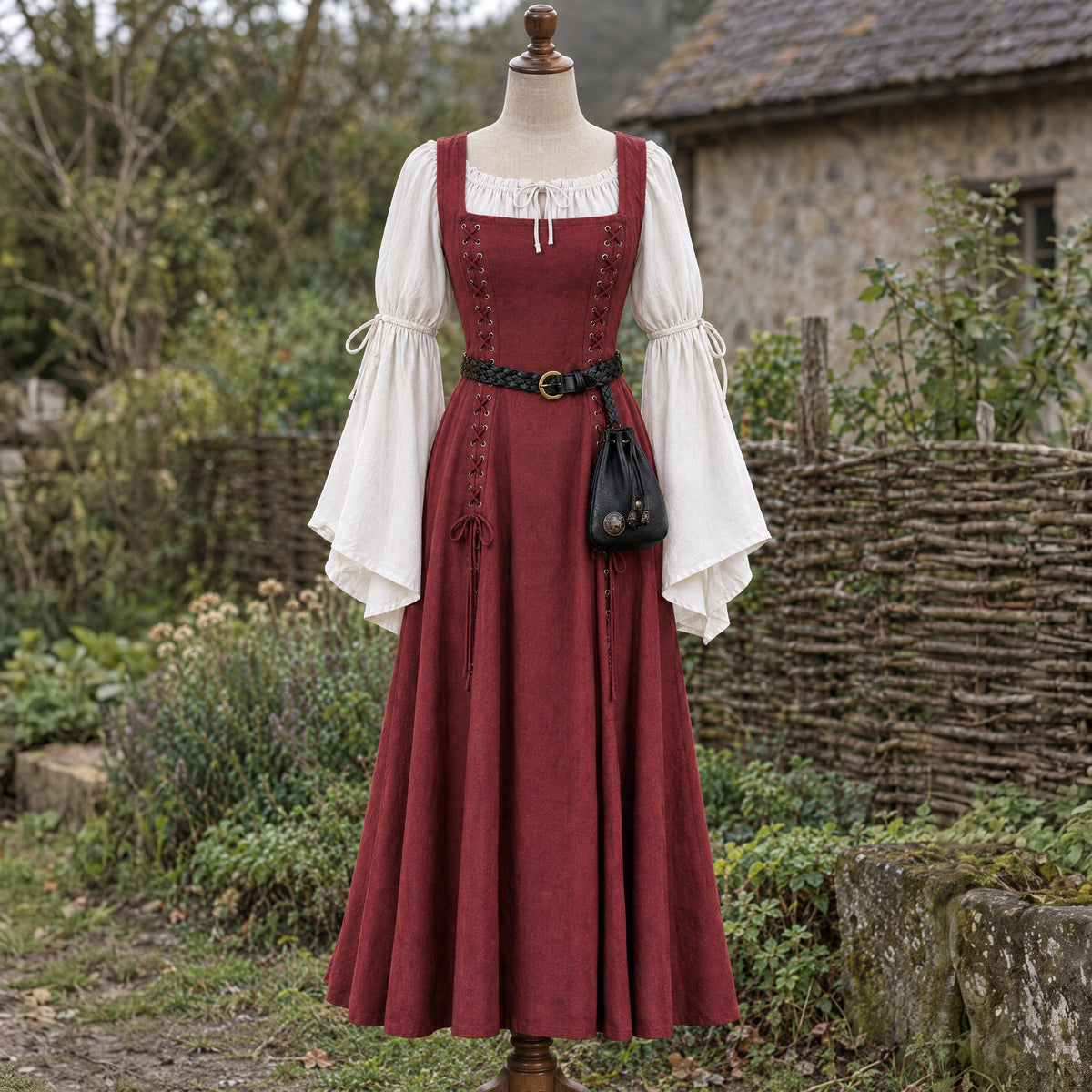 Square-Neck Lace-Up Renaissance Dress in a complete renaissance outfit, on a dress form