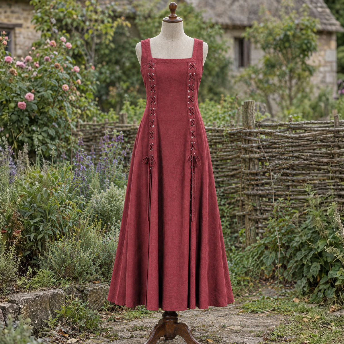 Red square-neck lace-up renaissance dress on a dress form outdoors