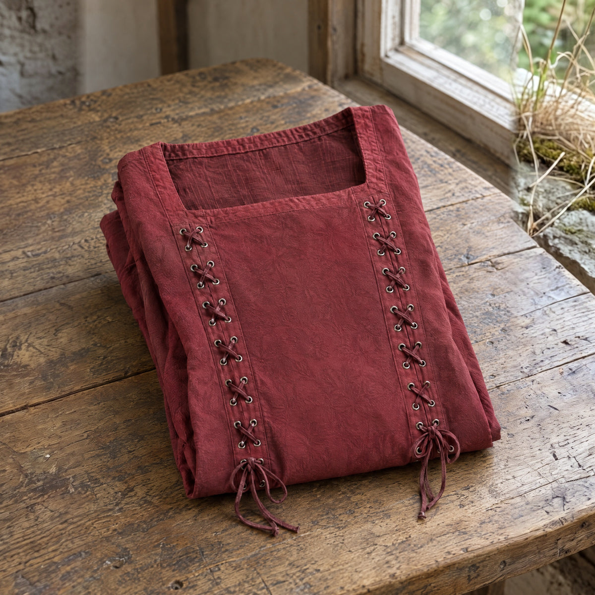 Red square-neck lace-up renaissance dress on a rustic surface
