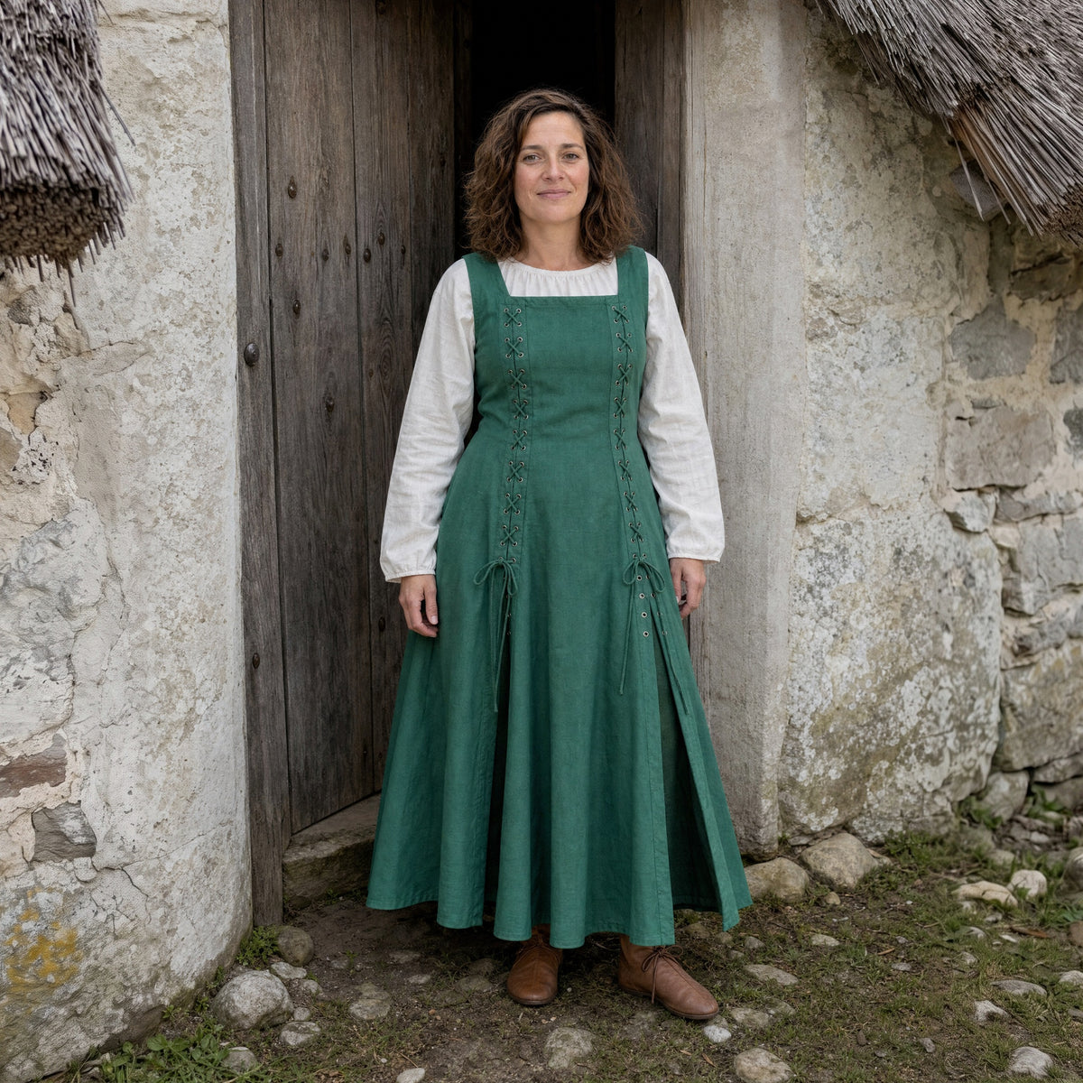 Green square-neck lace-up Renaissance dress worn by a woman outdoors, full-length front view